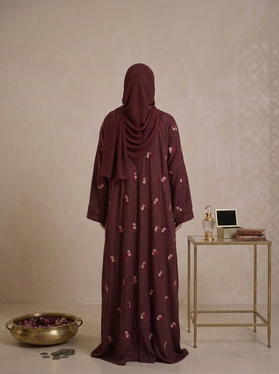 Burgundy Hand-Embroidered Floral Abaya