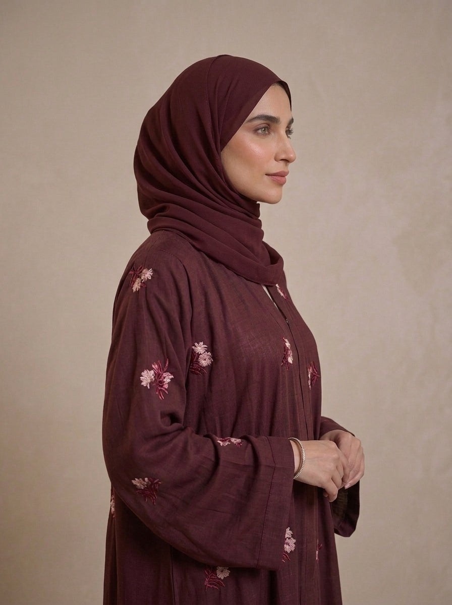 Burgundy Hand-Embroidered Floral Abaya