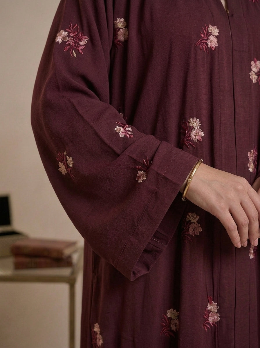Burgundy Hand-Embroidered Floral Abaya