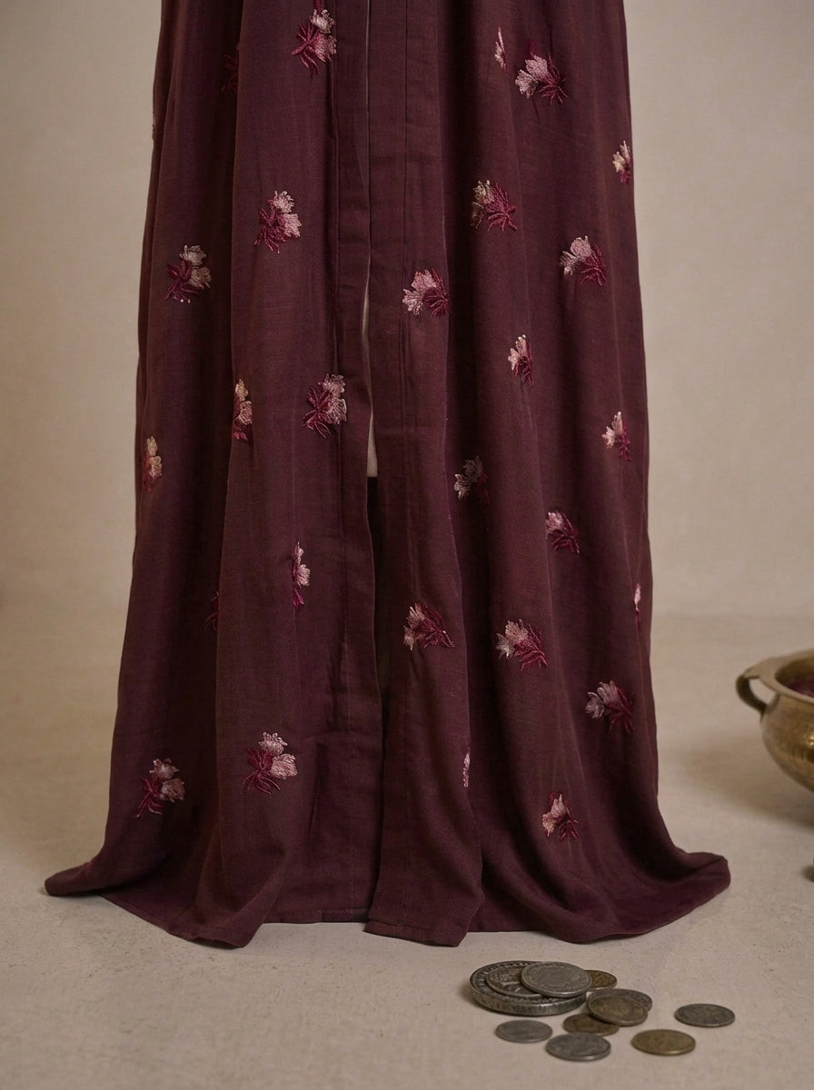 Burgundy Hand-Embroidered Floral Abaya