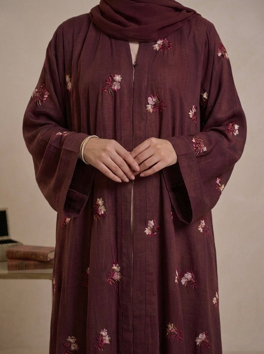 Burgundy Hand-Embroidered Floral Abaya