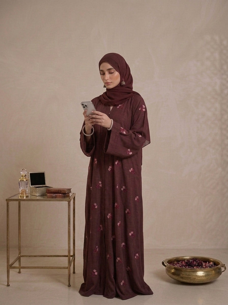 Burgundy Hand-Embroidered Floral Abaya