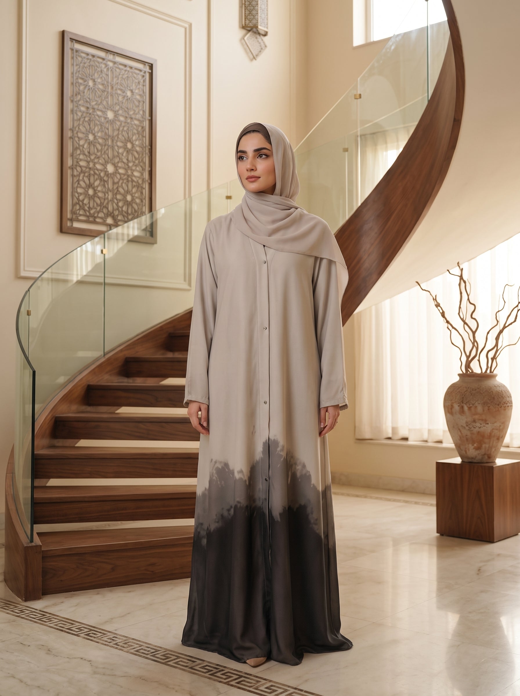Ombre Forest Print Button-Front Abaya