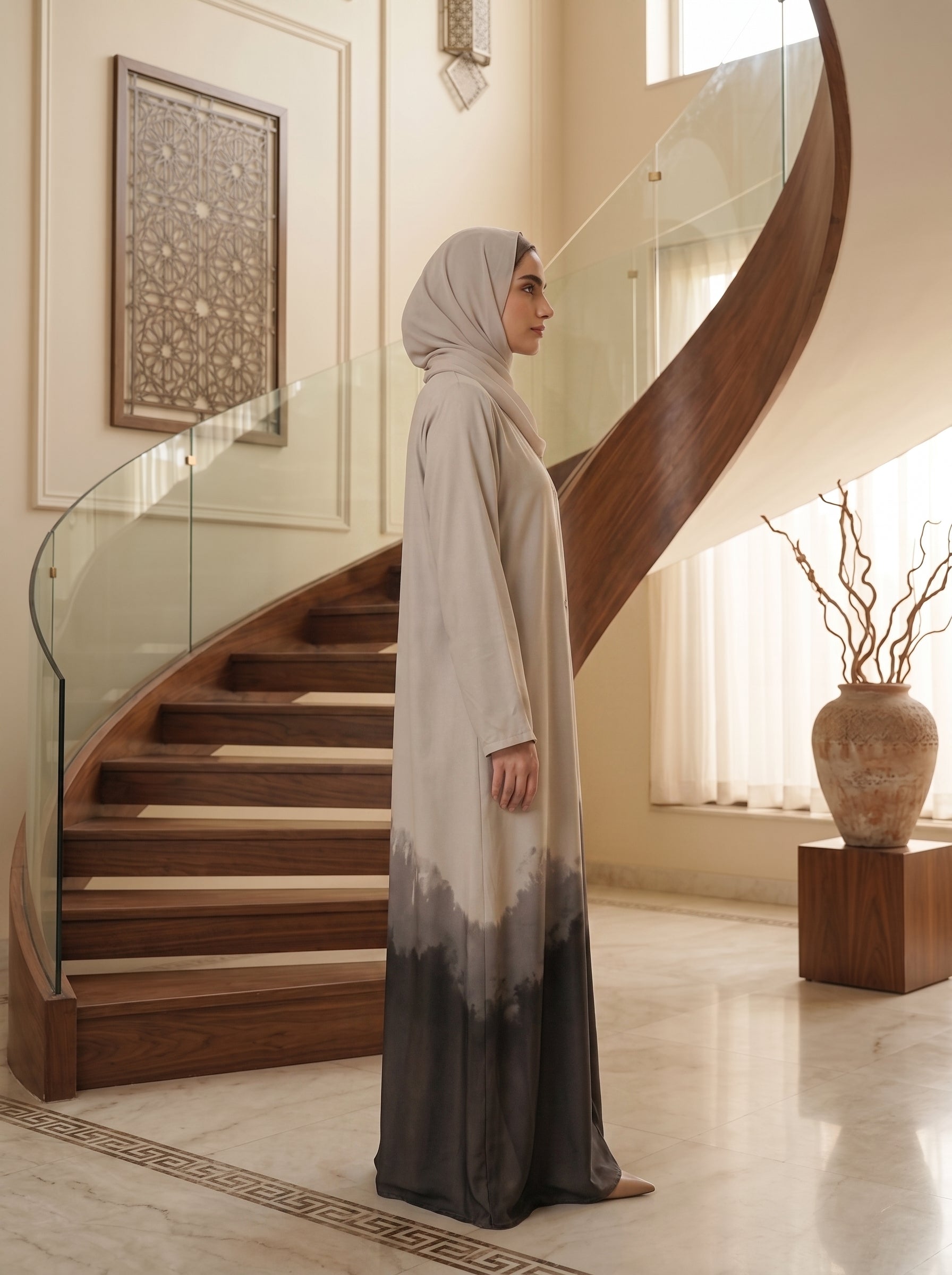Ombre Forest Print Button-Front Abaya