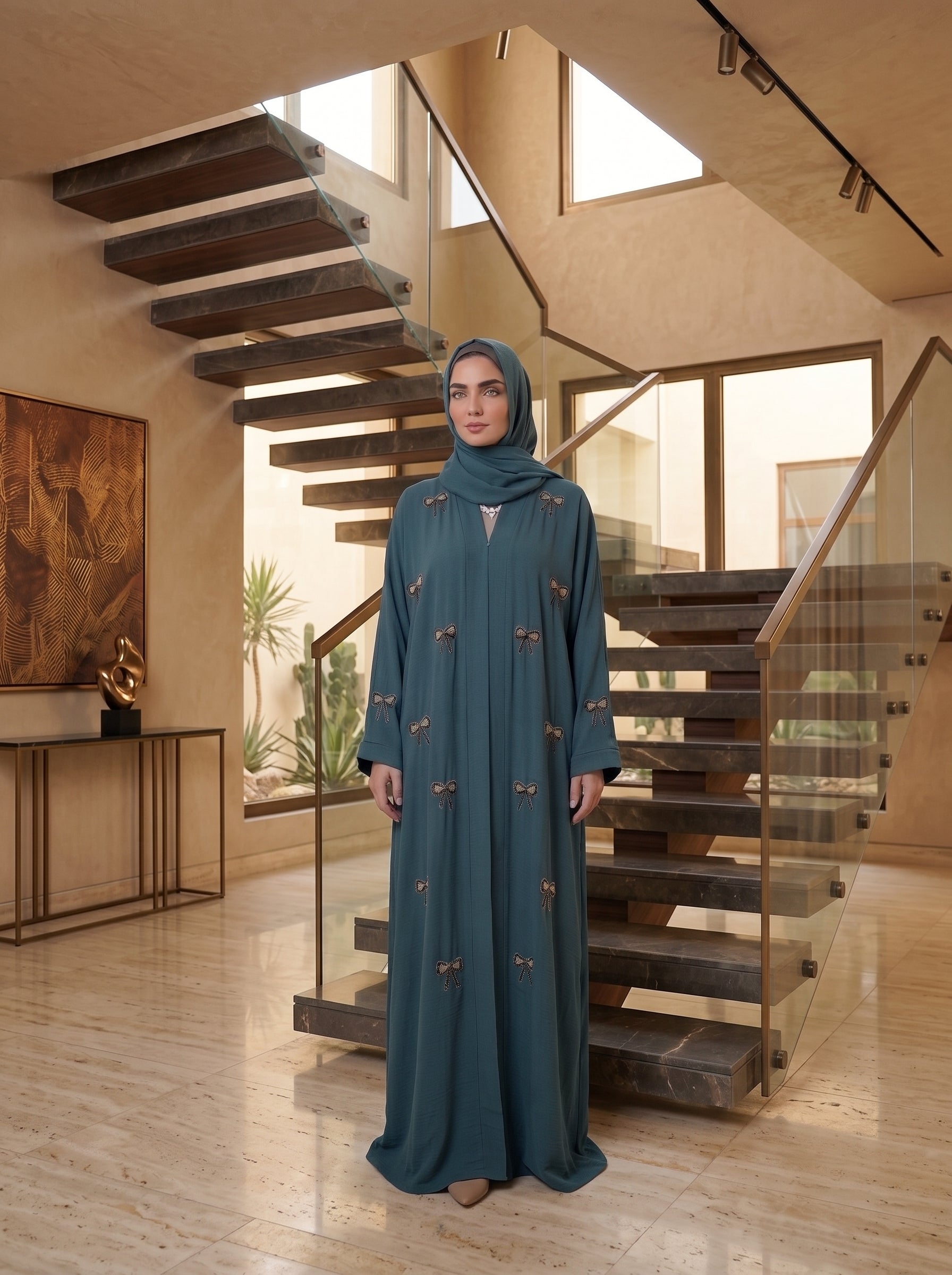 Teal Abaya with Hand-Embroidered Bows