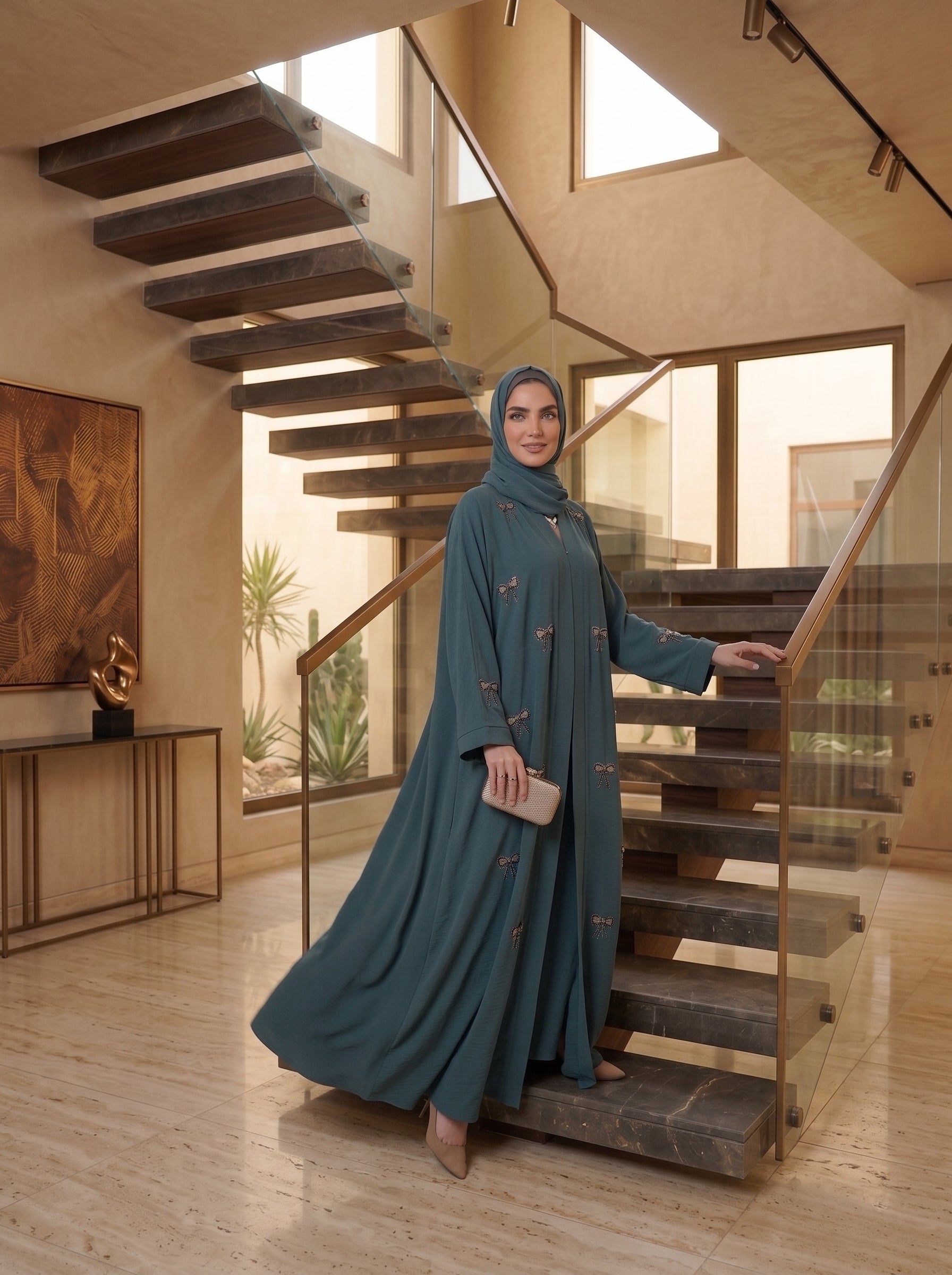 Teal Abaya with Hand-Embroidered Bows