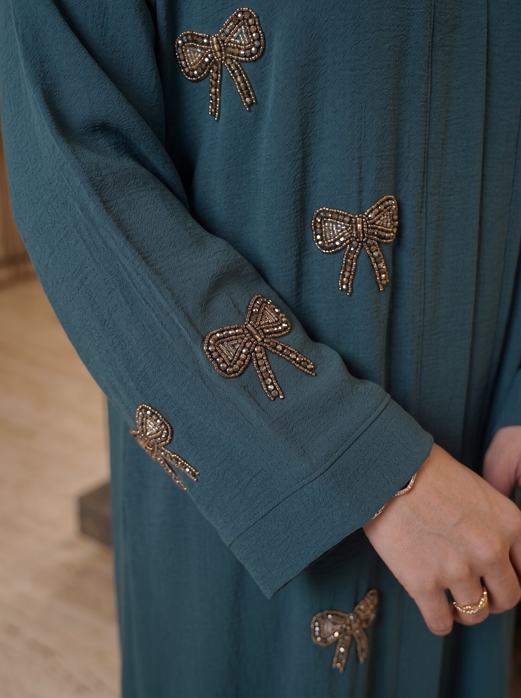 Teal Abaya with Hand-Embroidered Bows