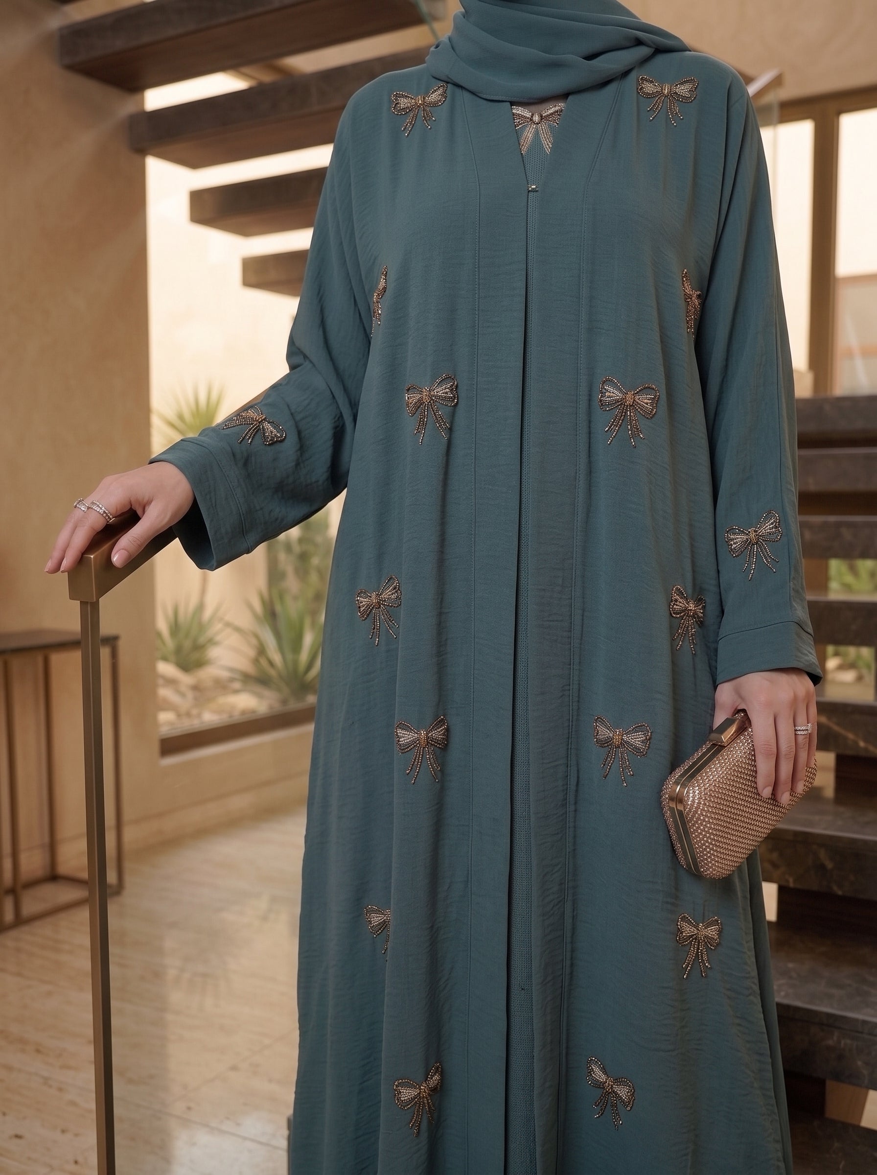 Teal Abaya with Hand-Embroidered Bows