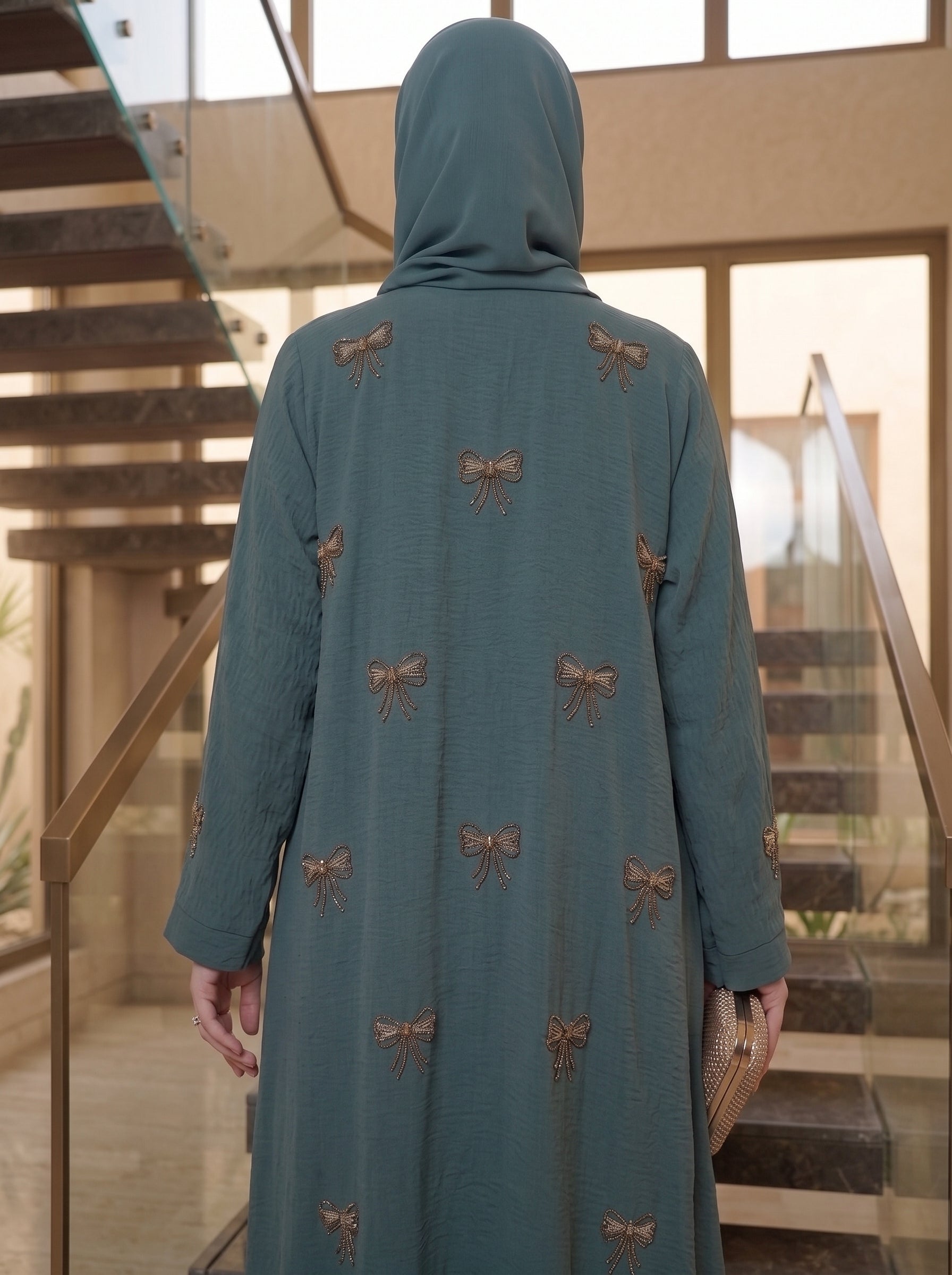 Teal Abaya with Hand-Embroidered Bows