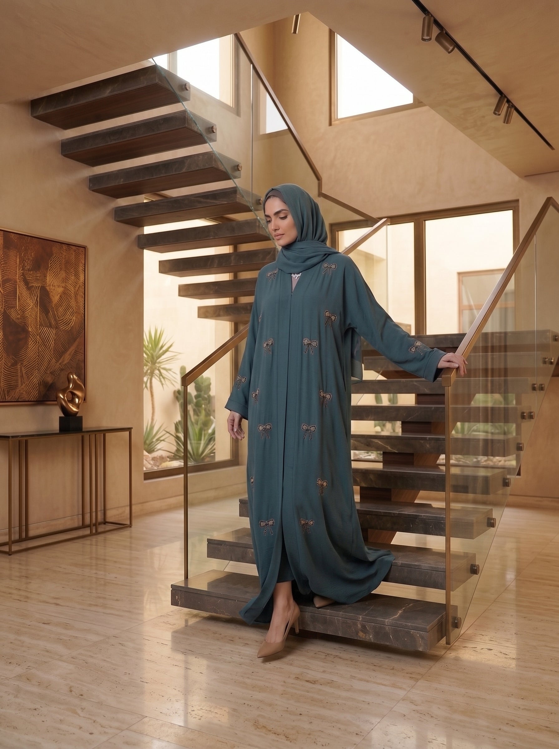 Teal Abaya with Hand-Embroidered Bows