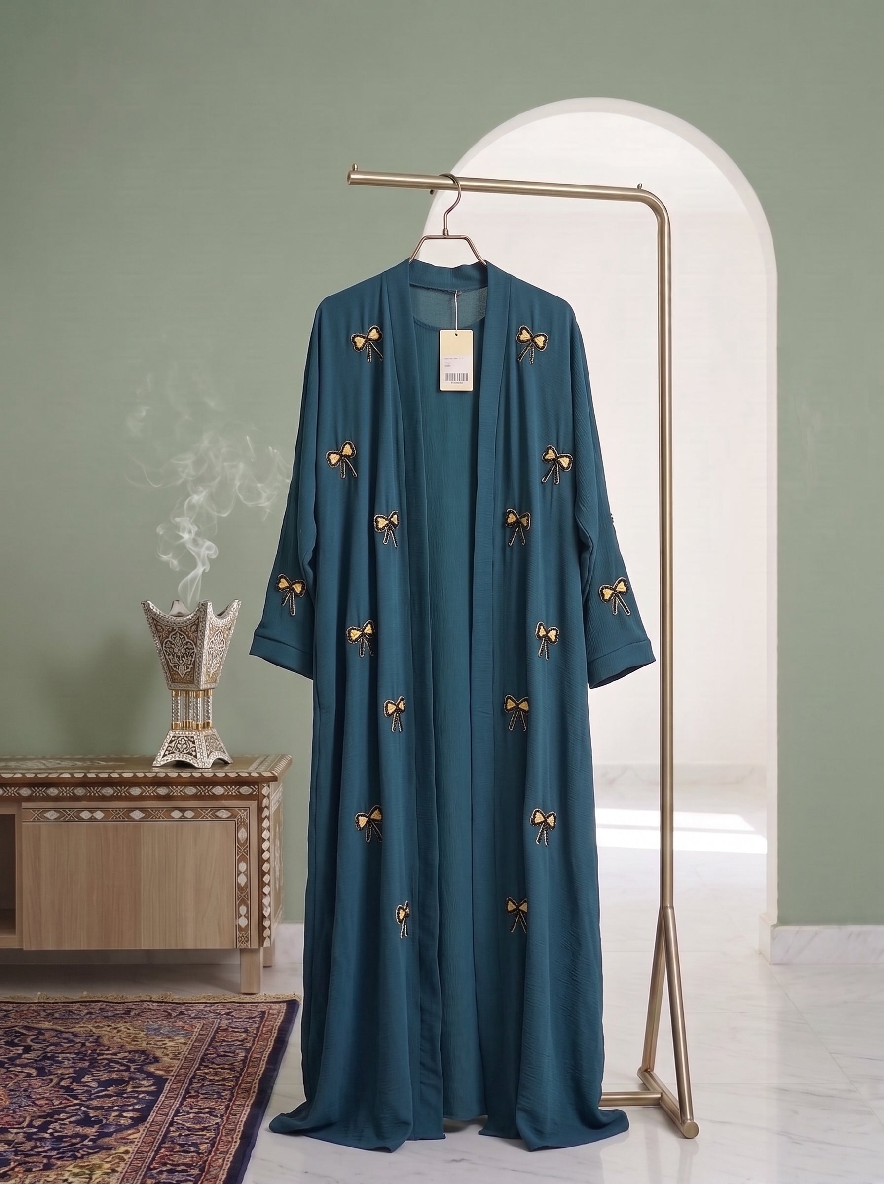 Teal Abaya with Hand-Embroidered Bows