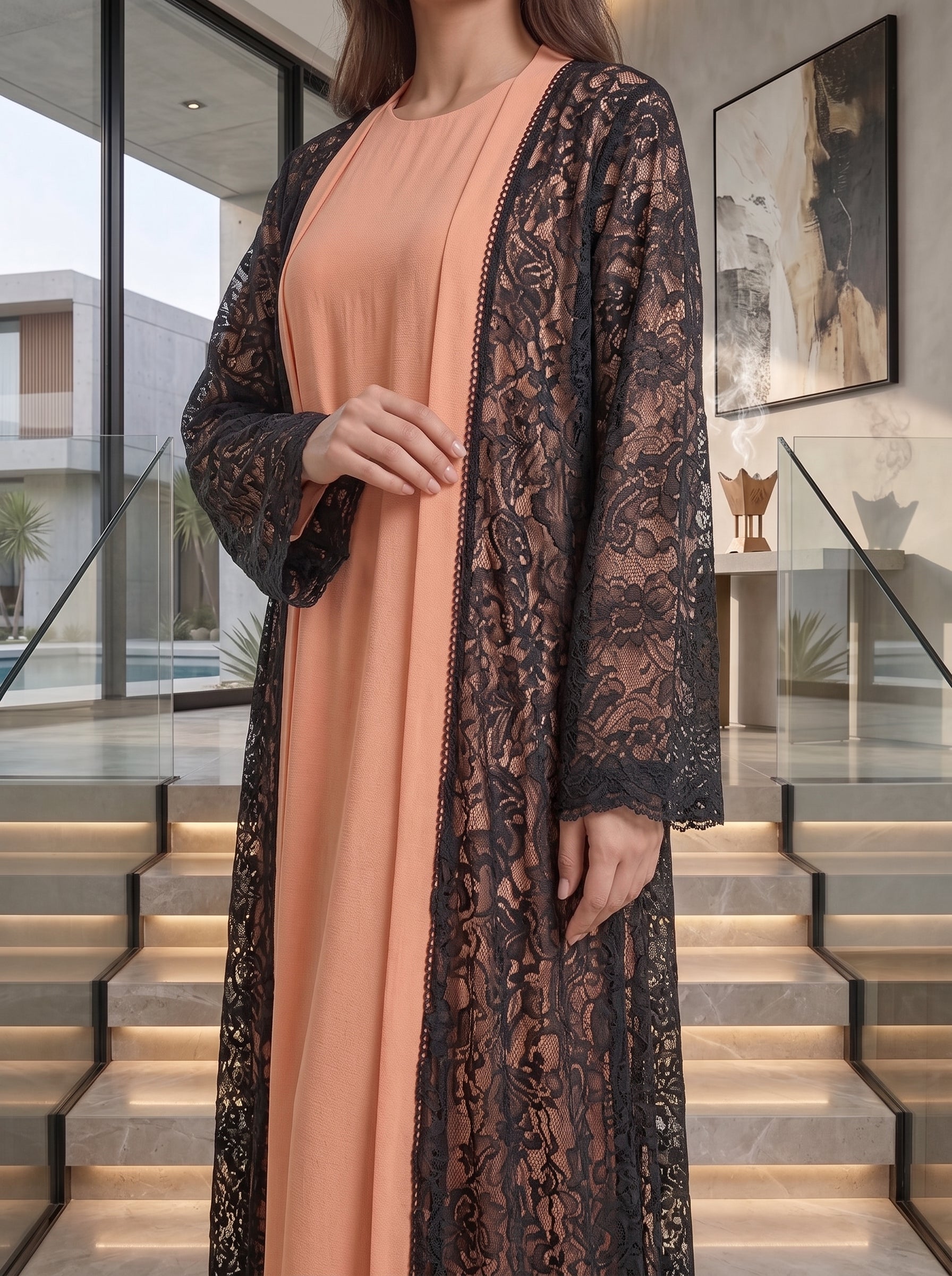 Peach & Black Lace Overlay Abaya