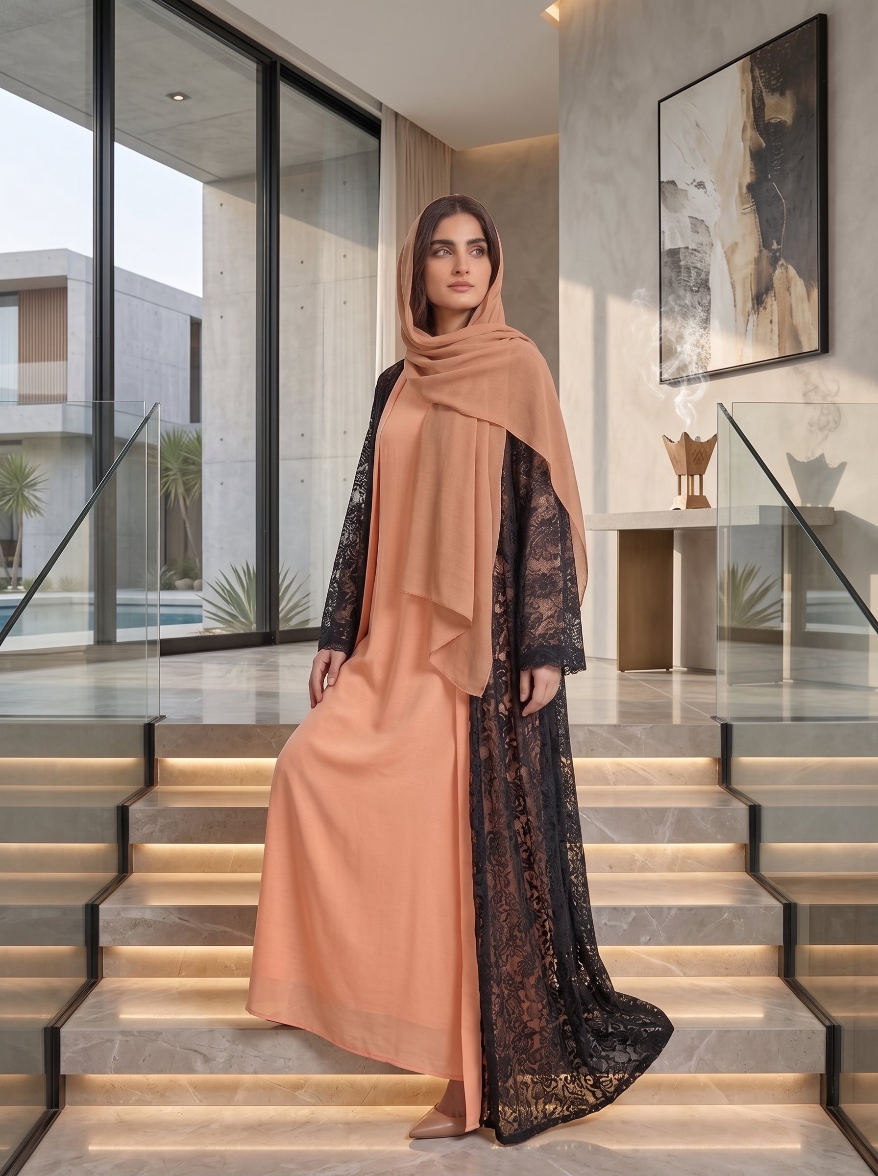 Peach & Black Lace Overlay Abaya