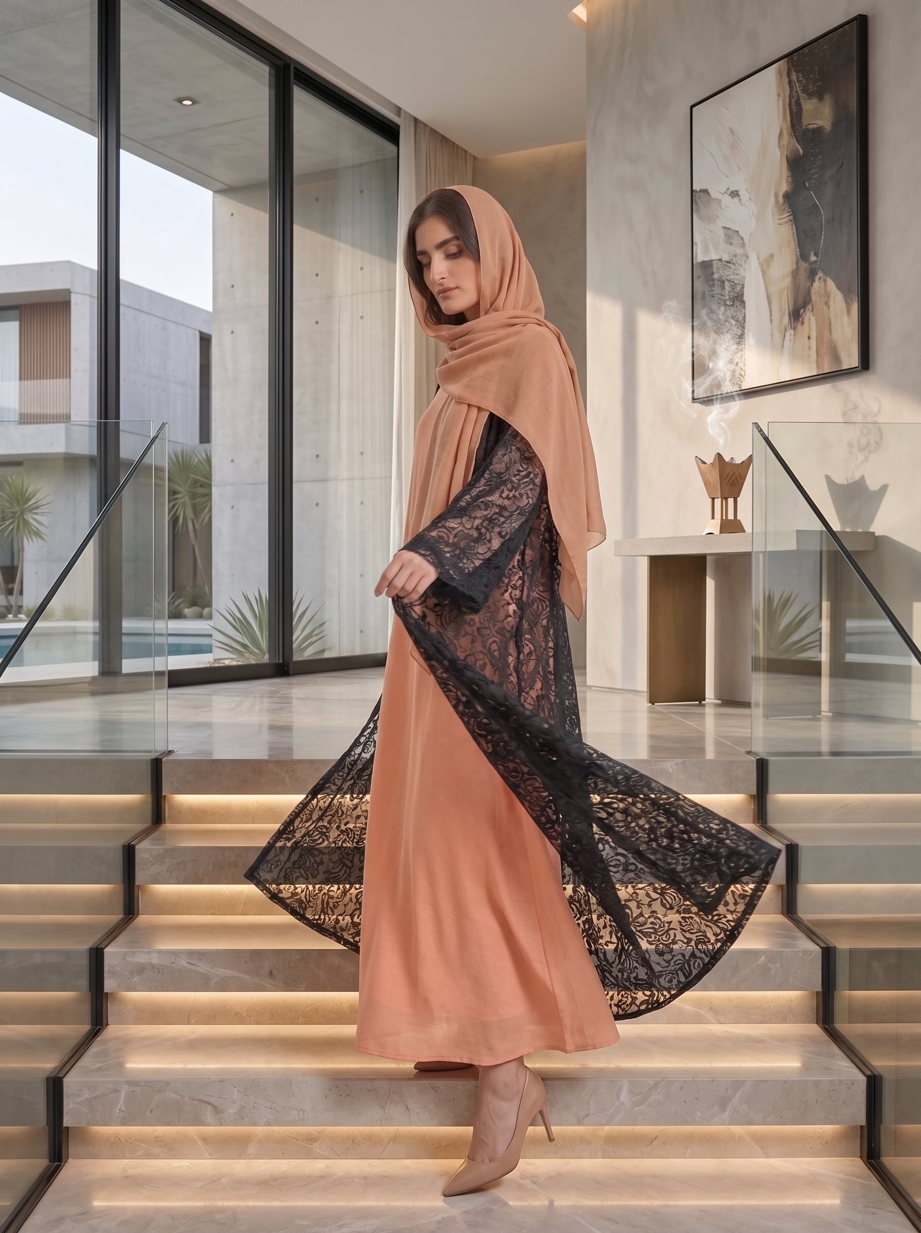 Peach & Black Lace Overlay Abaya