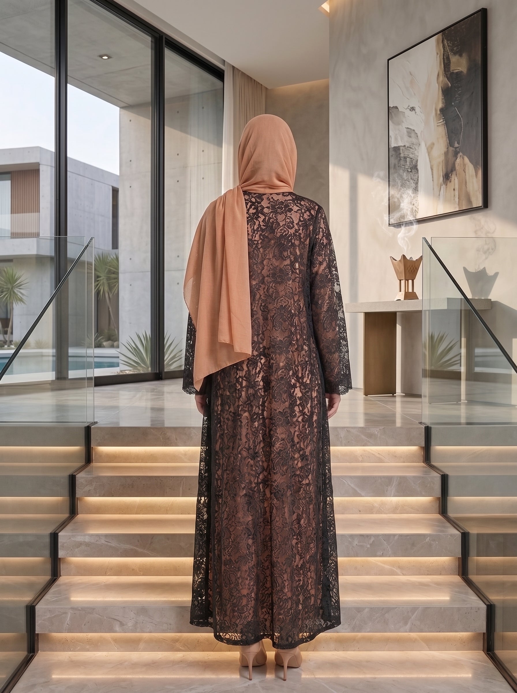 Peach & Black Lace Overlay Abaya