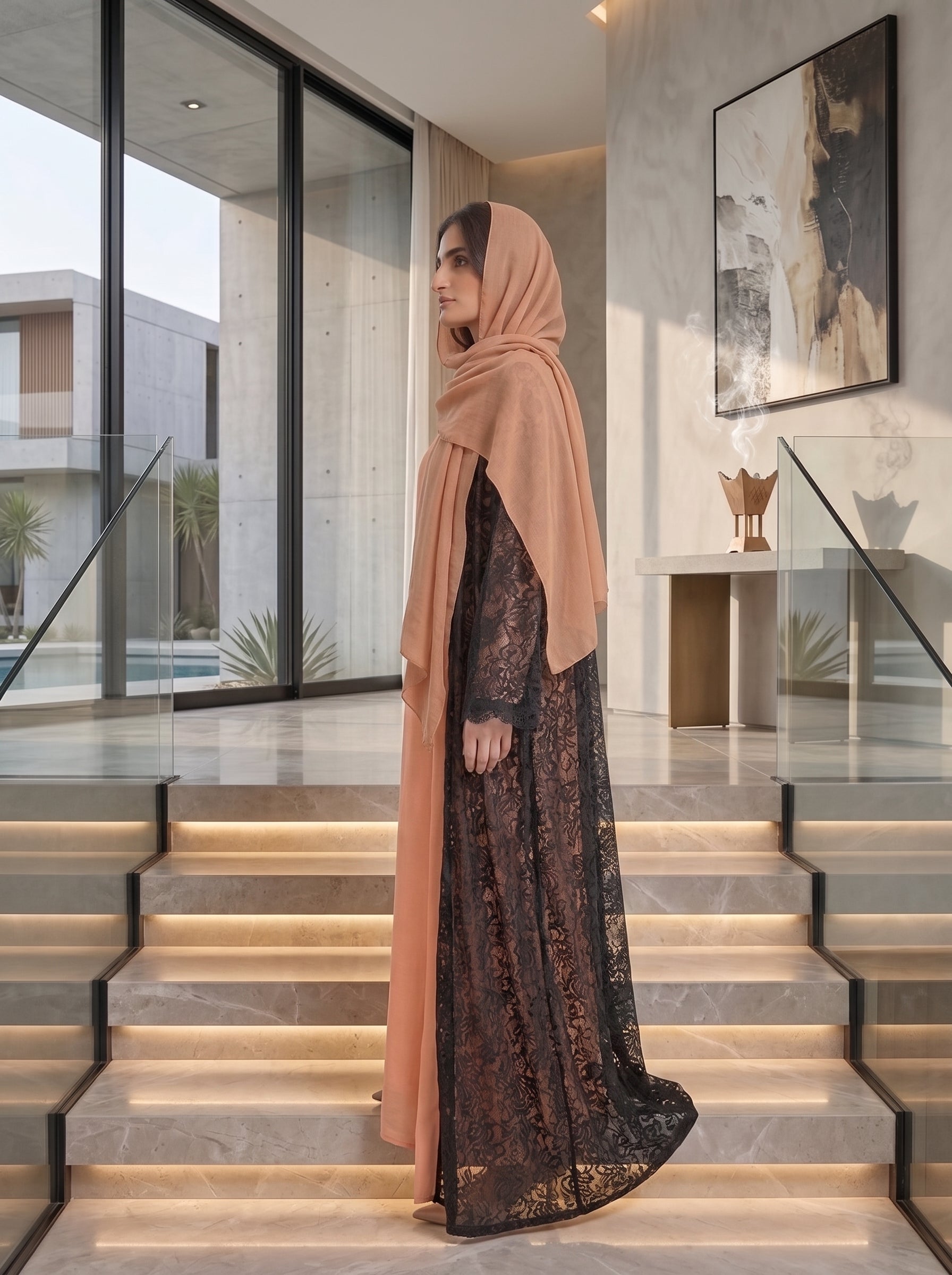 Peach & Black Lace Overlay Abaya