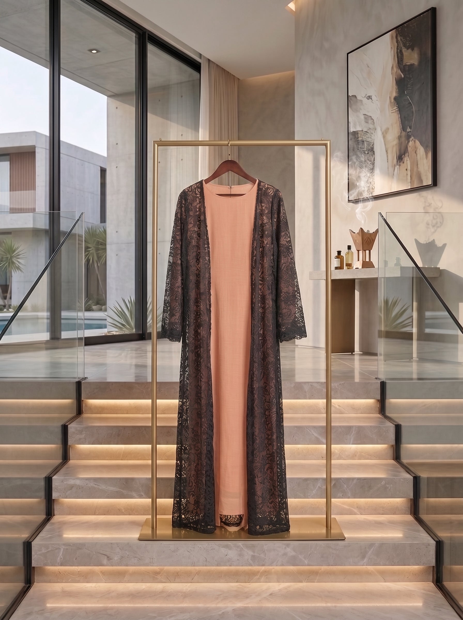 Peach & Black Lace Overlay Abaya