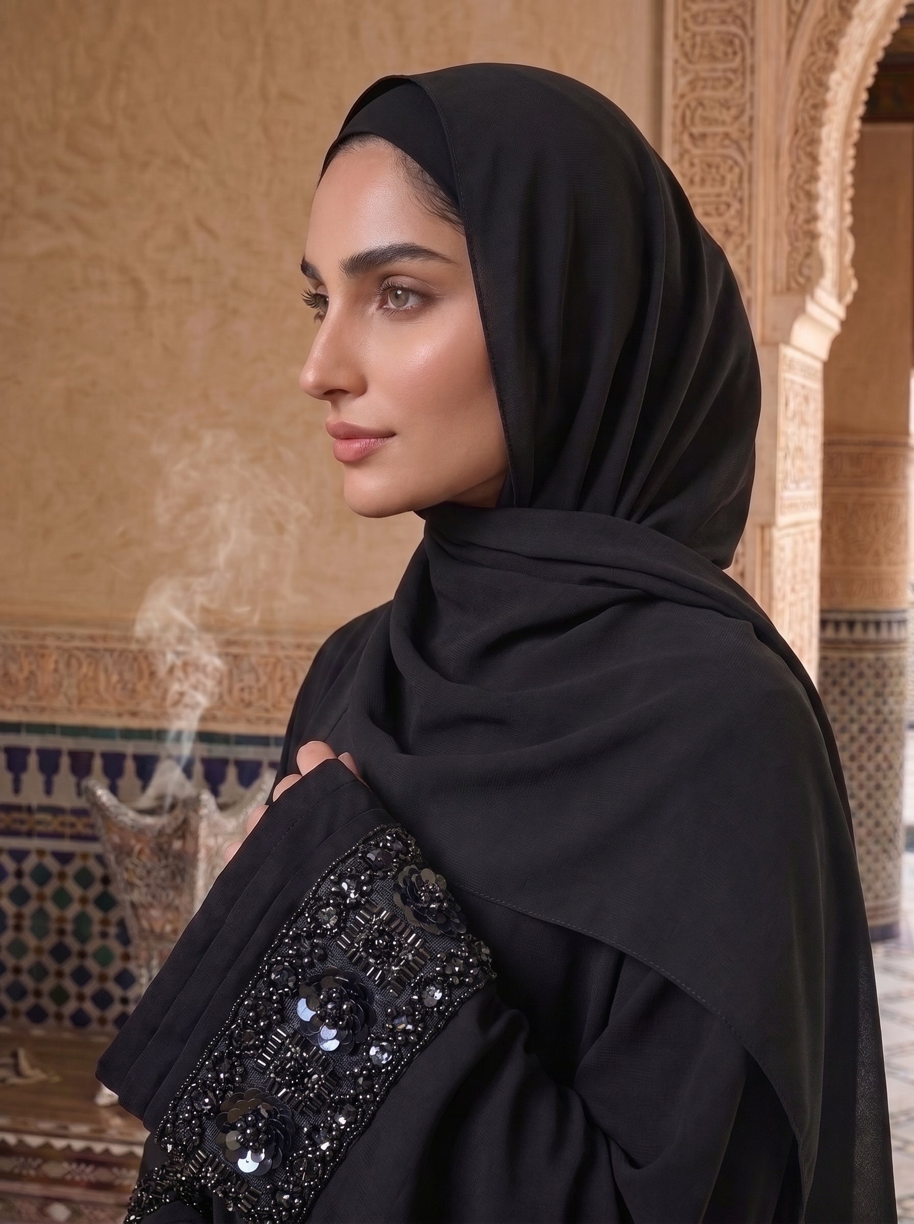 Classic Black Sequin-Cuff Abaya