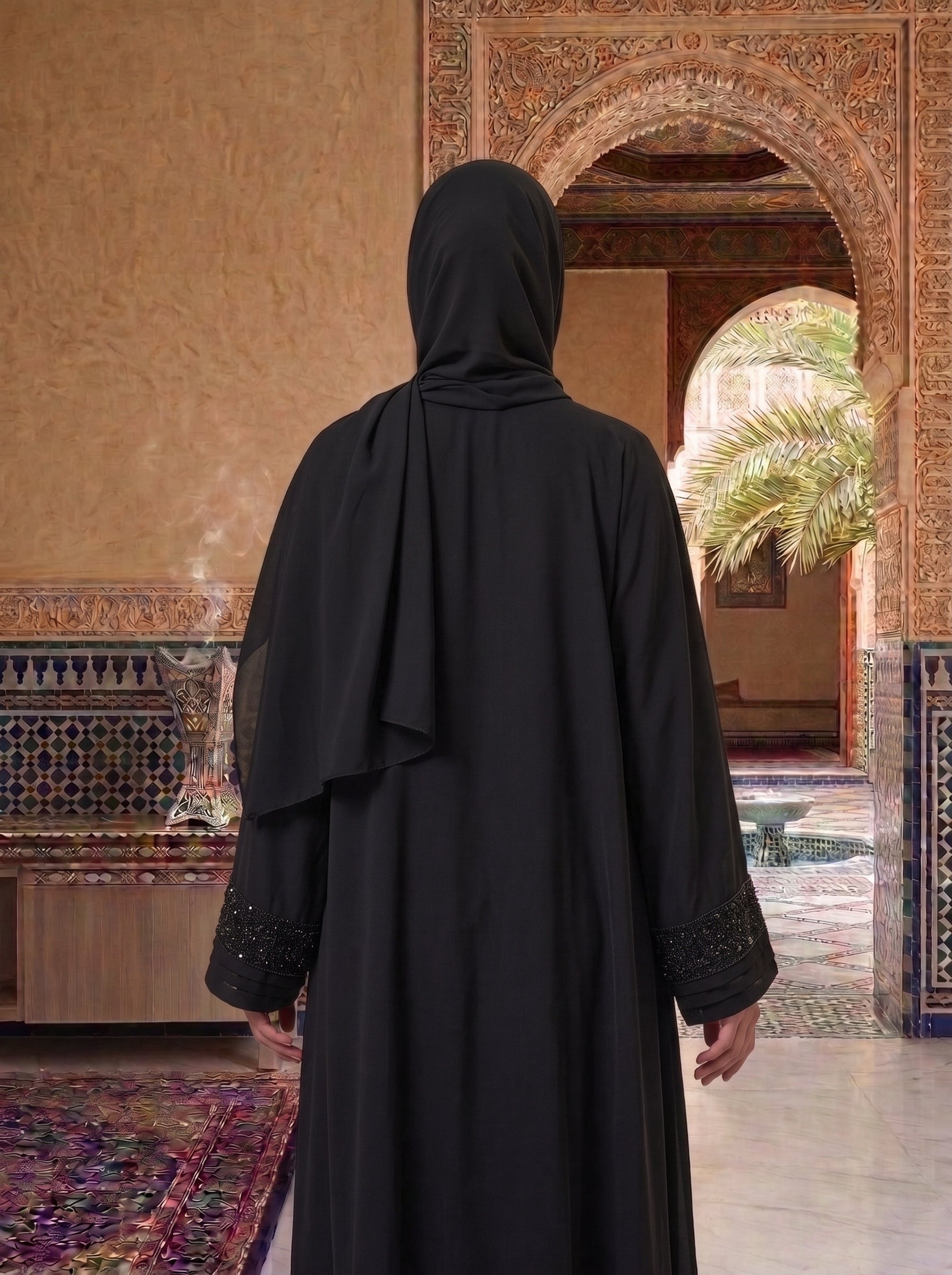 Classic Black Sequin-Cuff Abaya