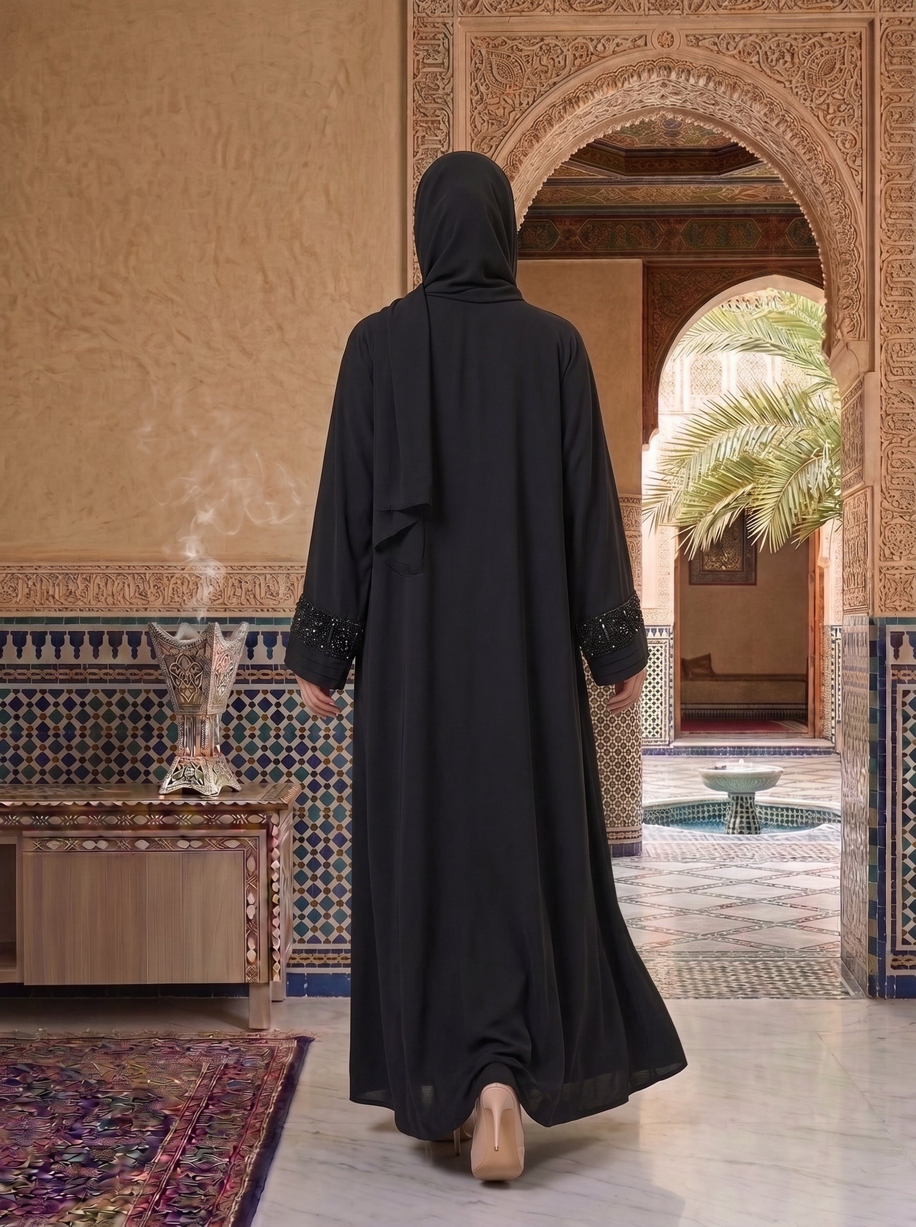 Classic Black Sequin-Cuff Abaya