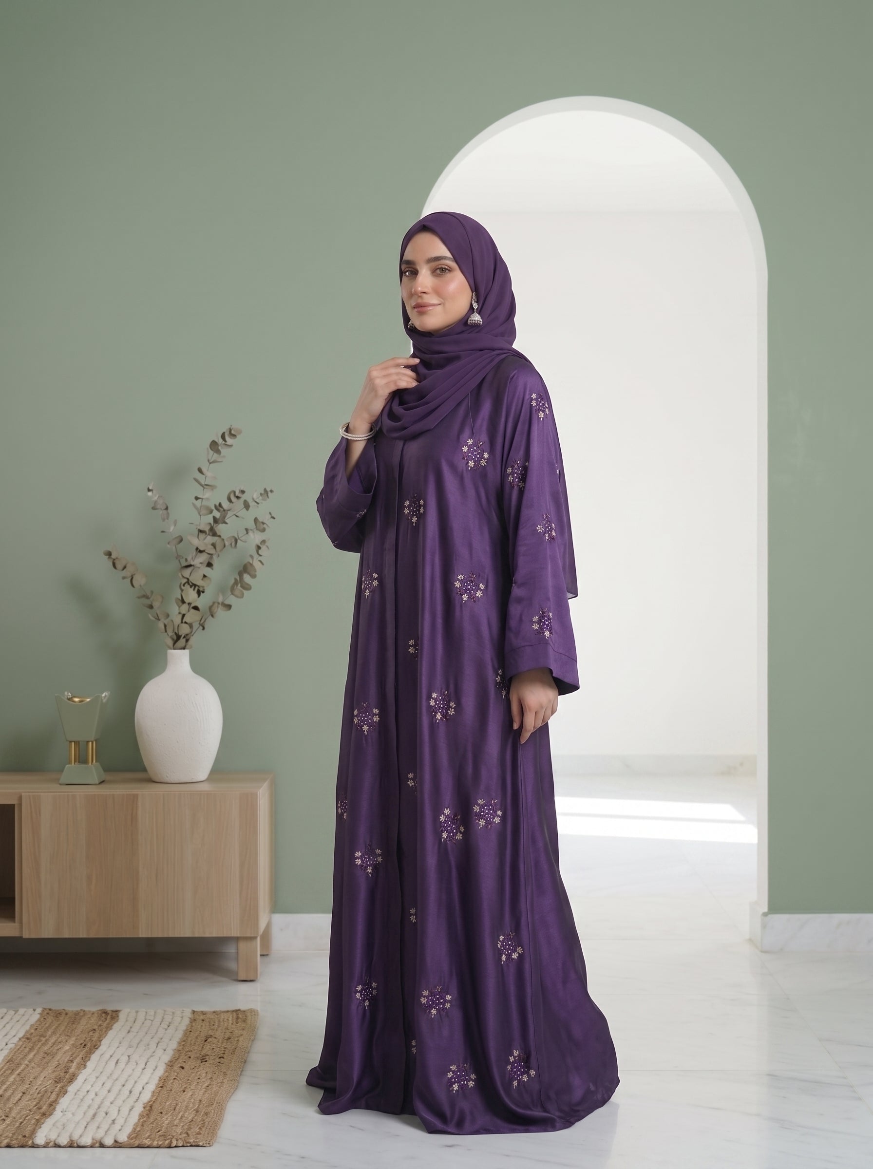 Purple Pearl-Embroidered Silk Abaya