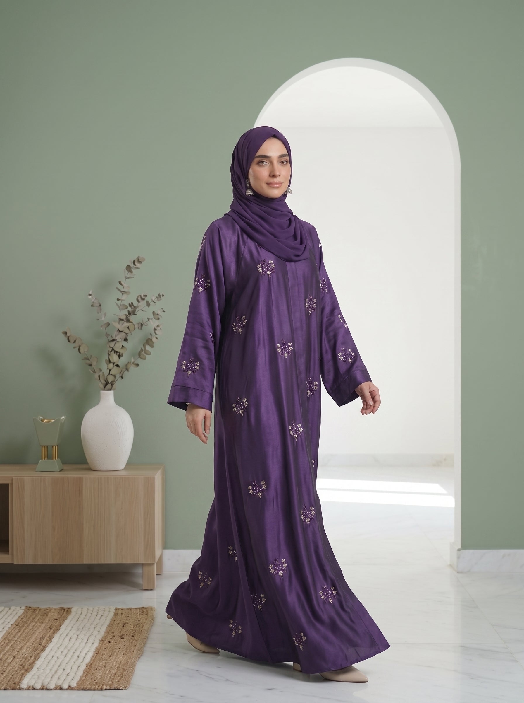 Purple Pearl-Embroidered Silk Abaya
