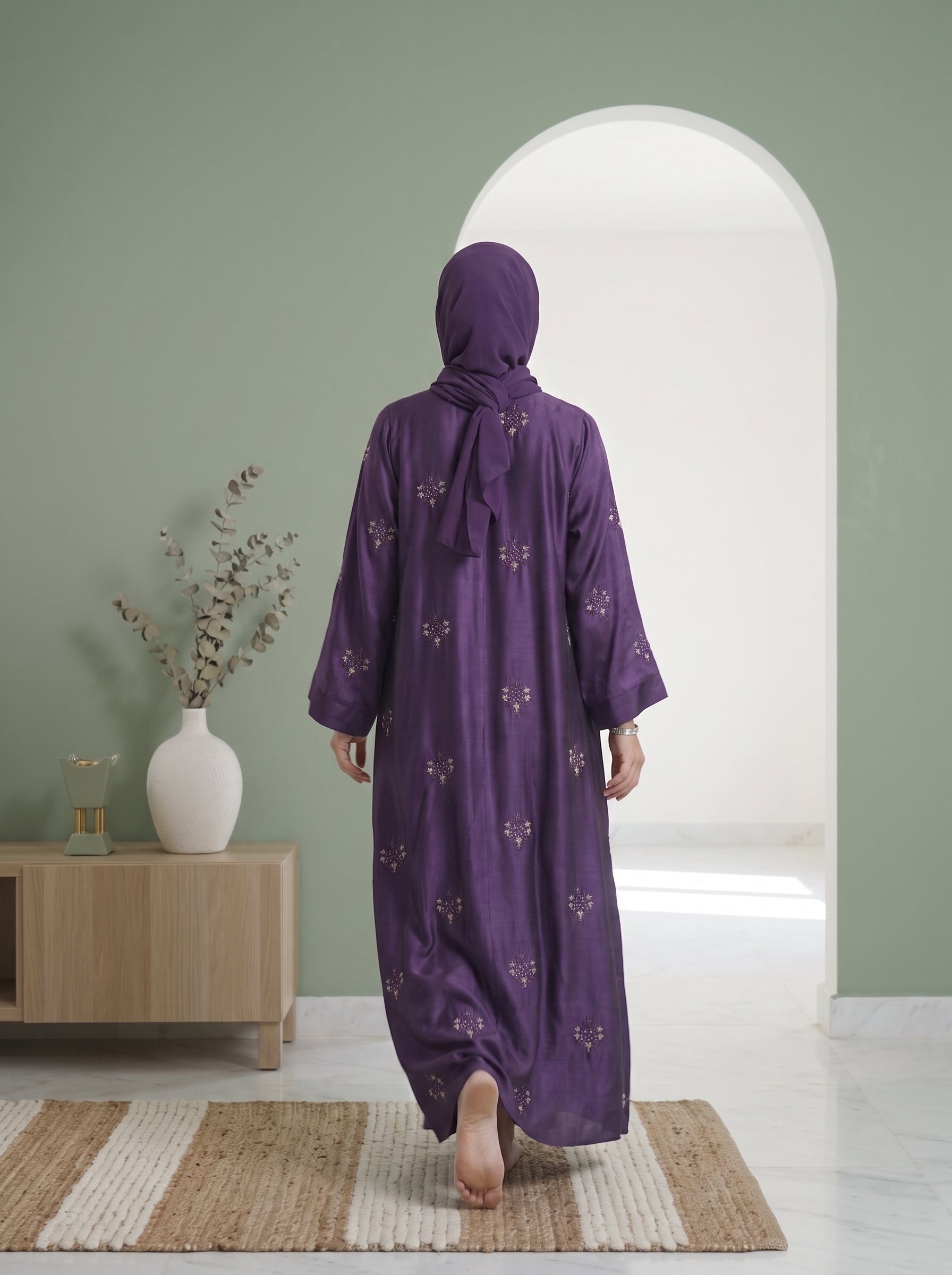 Purple Pearl-Embroidered Silk Abaya