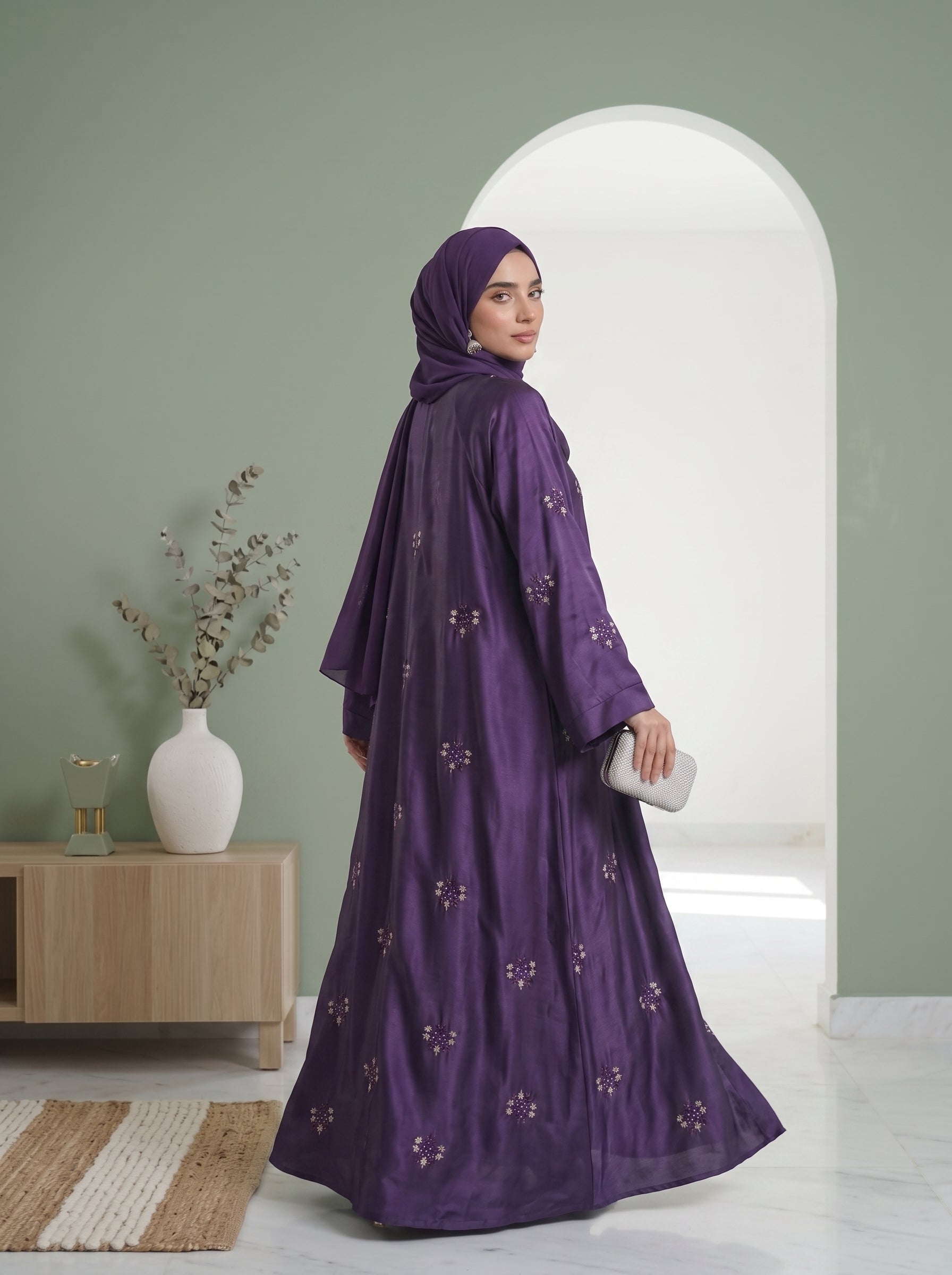 Purple Pearl-Embroidered Silk Abaya