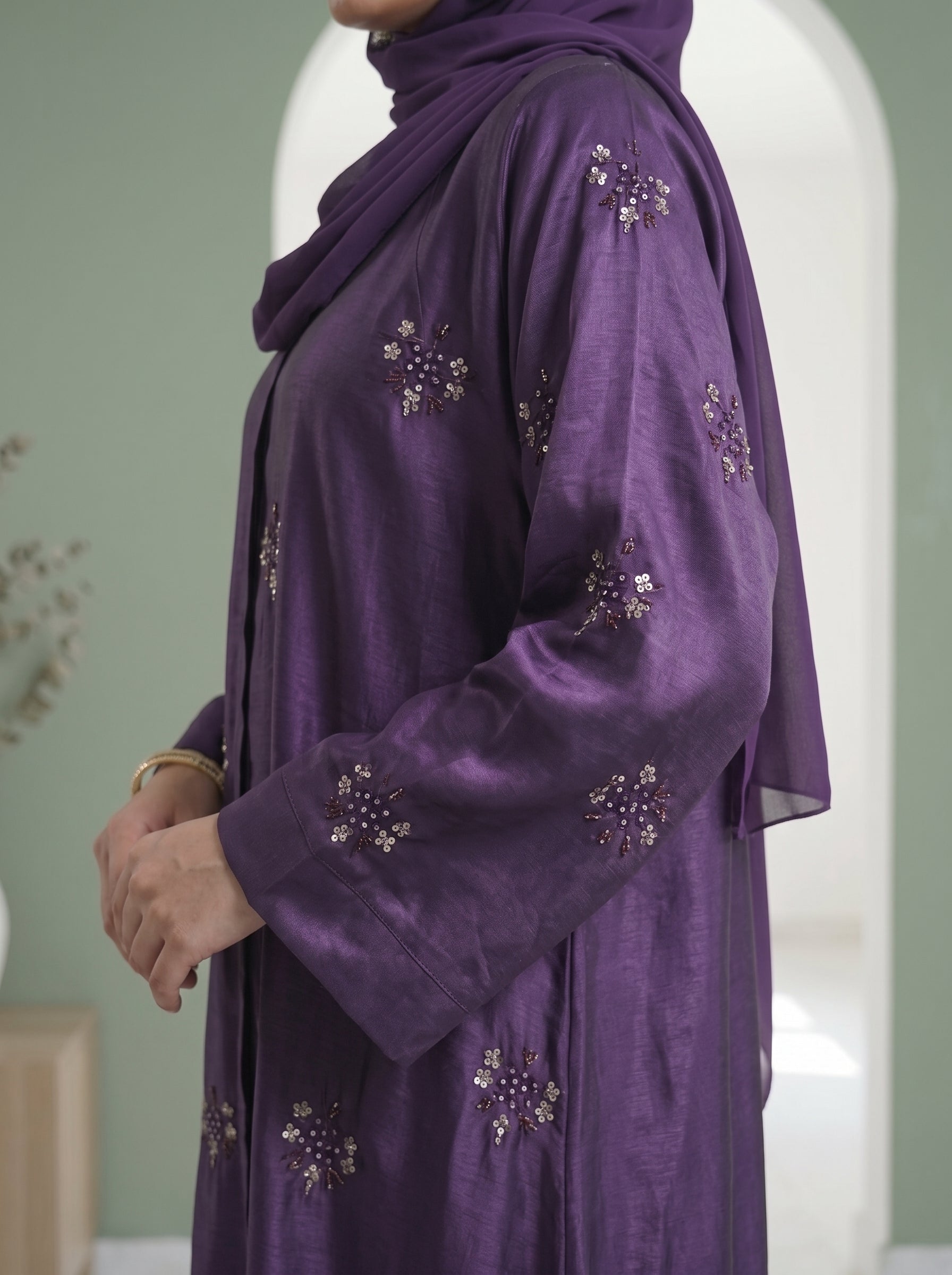 Purple Pearl-Embroidered Silk Abaya