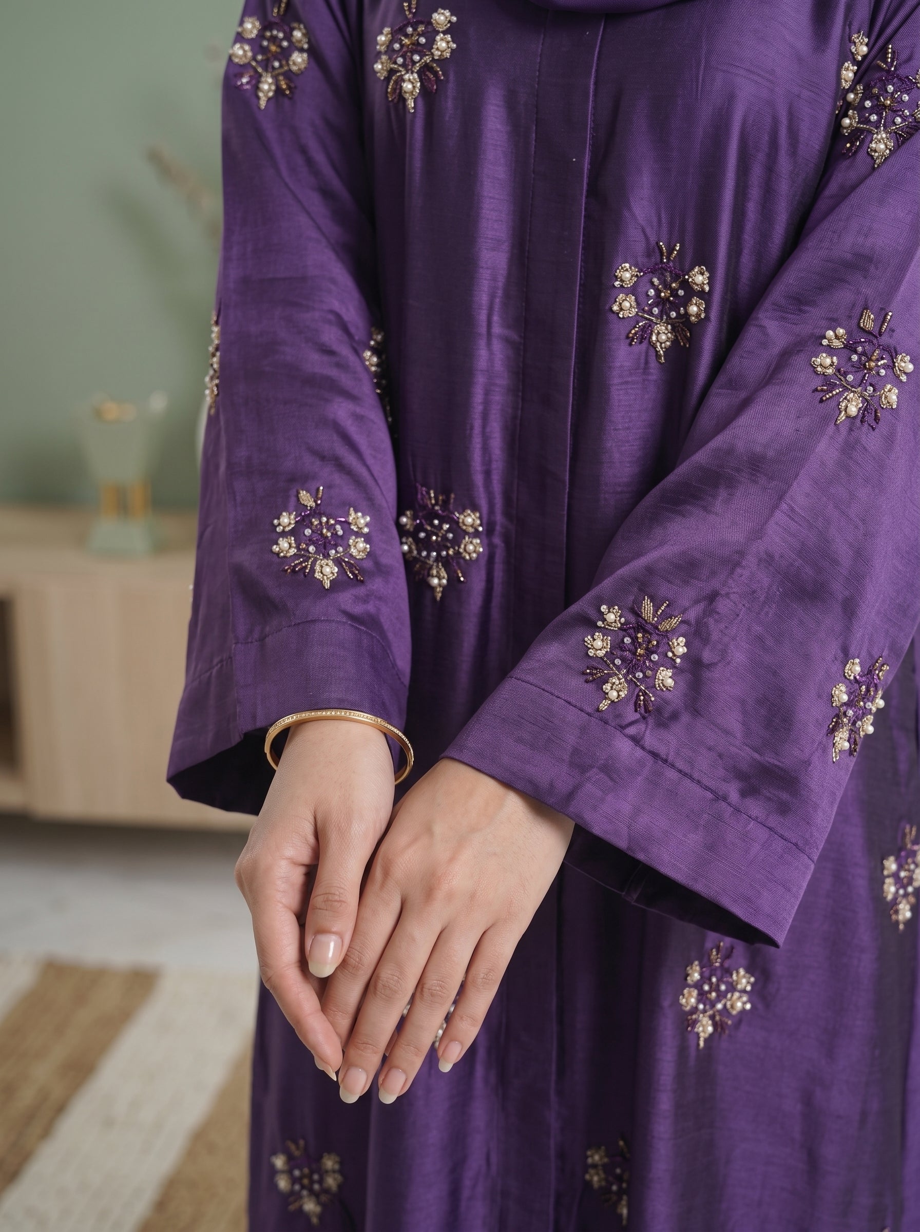 Purple Pearl-Embroidered Silk Abaya