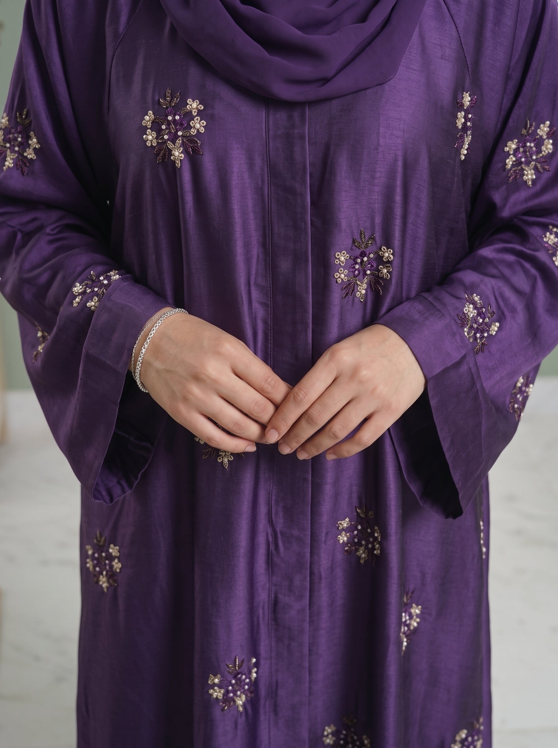 Purple Pearl-Embroidered Silk Abaya