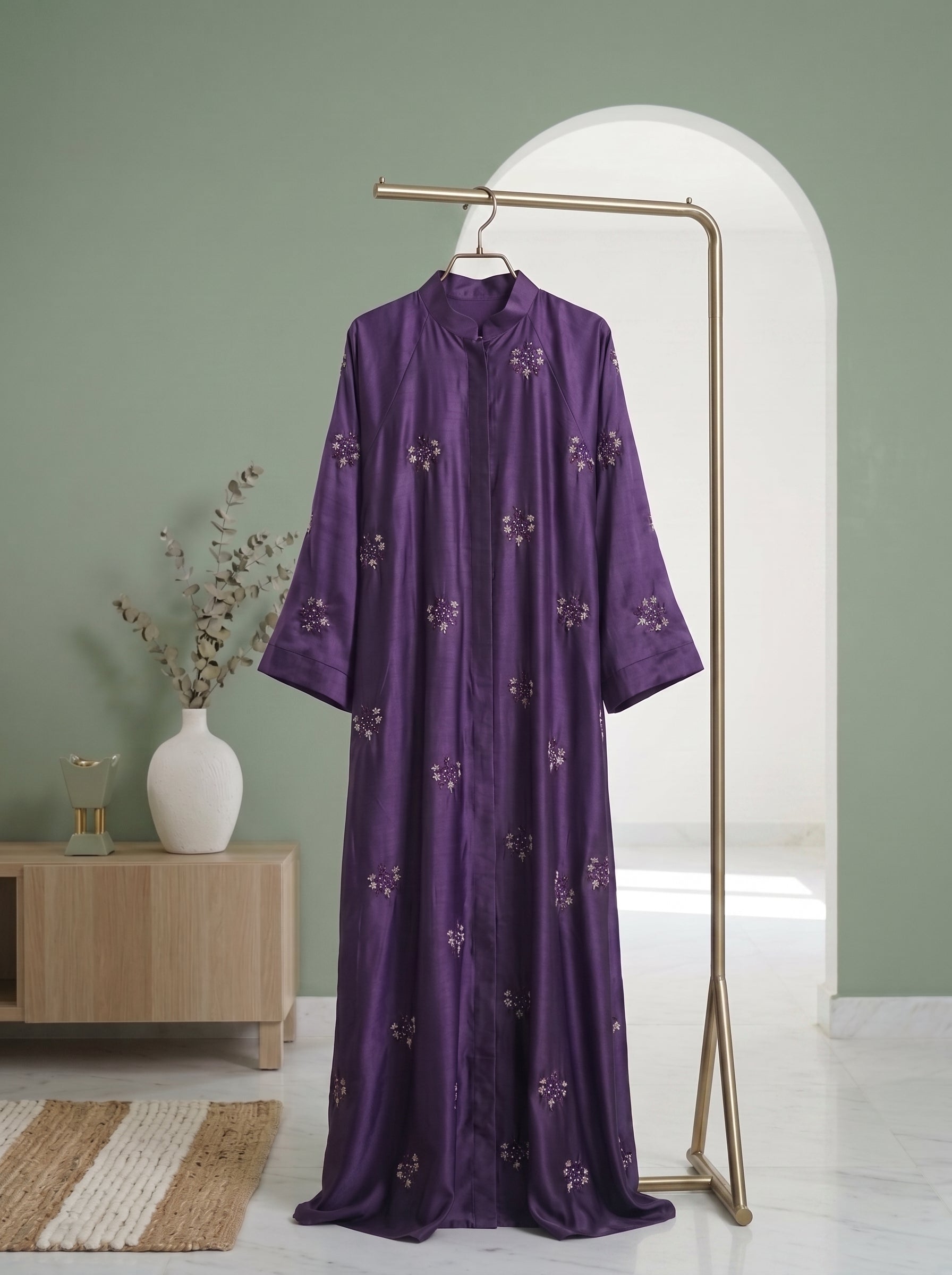 Purple Pearl-Embroidered Silk Abaya