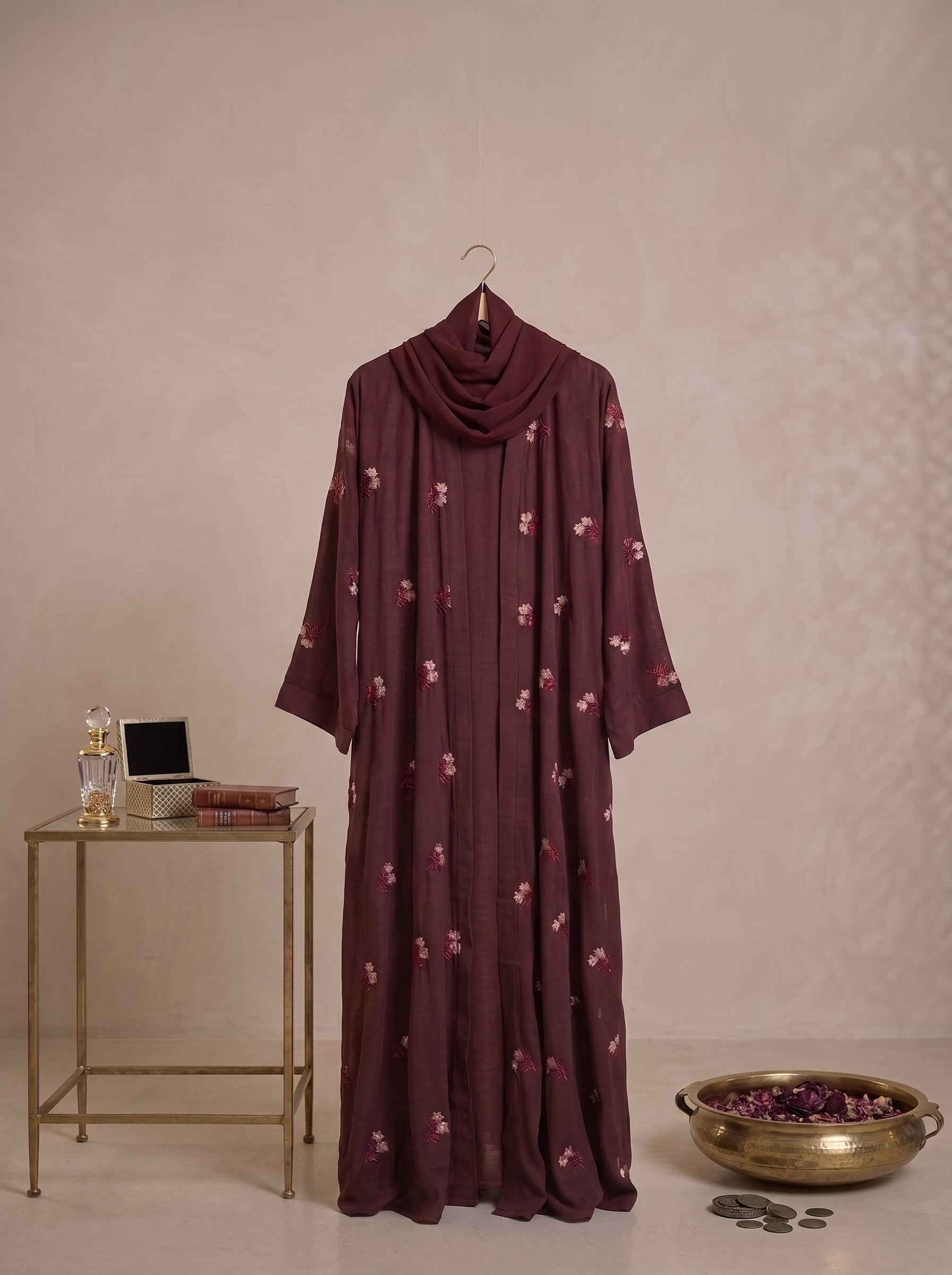 Burgundy Hand-Embroidered Floral Abaya