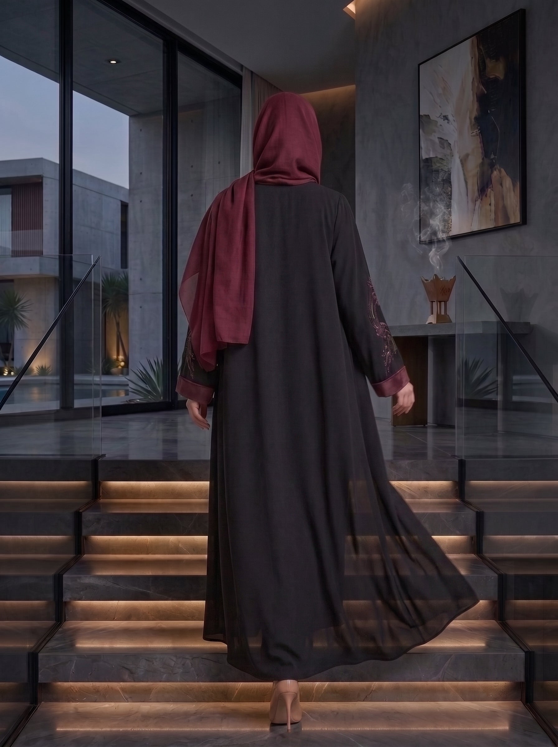 Black Velvet-Trim Beaded Abaya