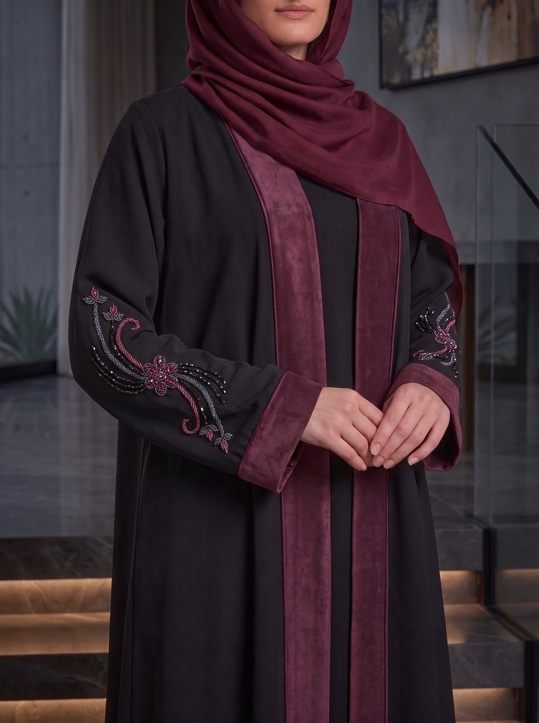 Black Velvet-Trim Beaded Abaya