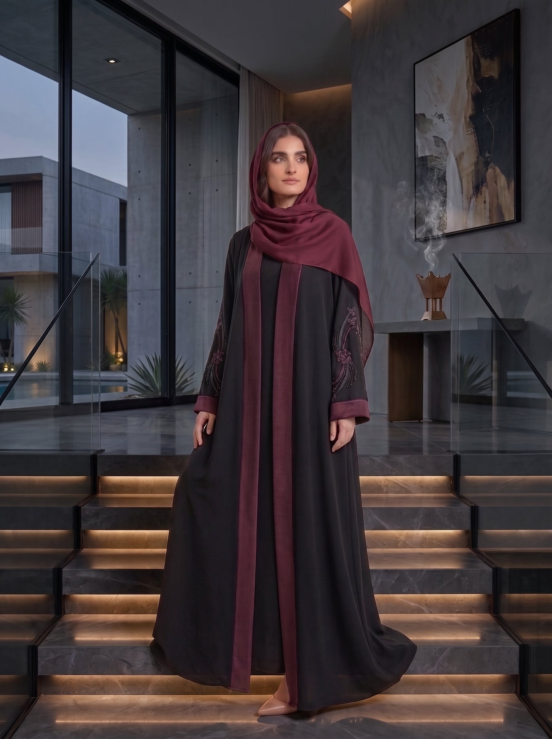 Black Velvet-Trim Beaded Abaya