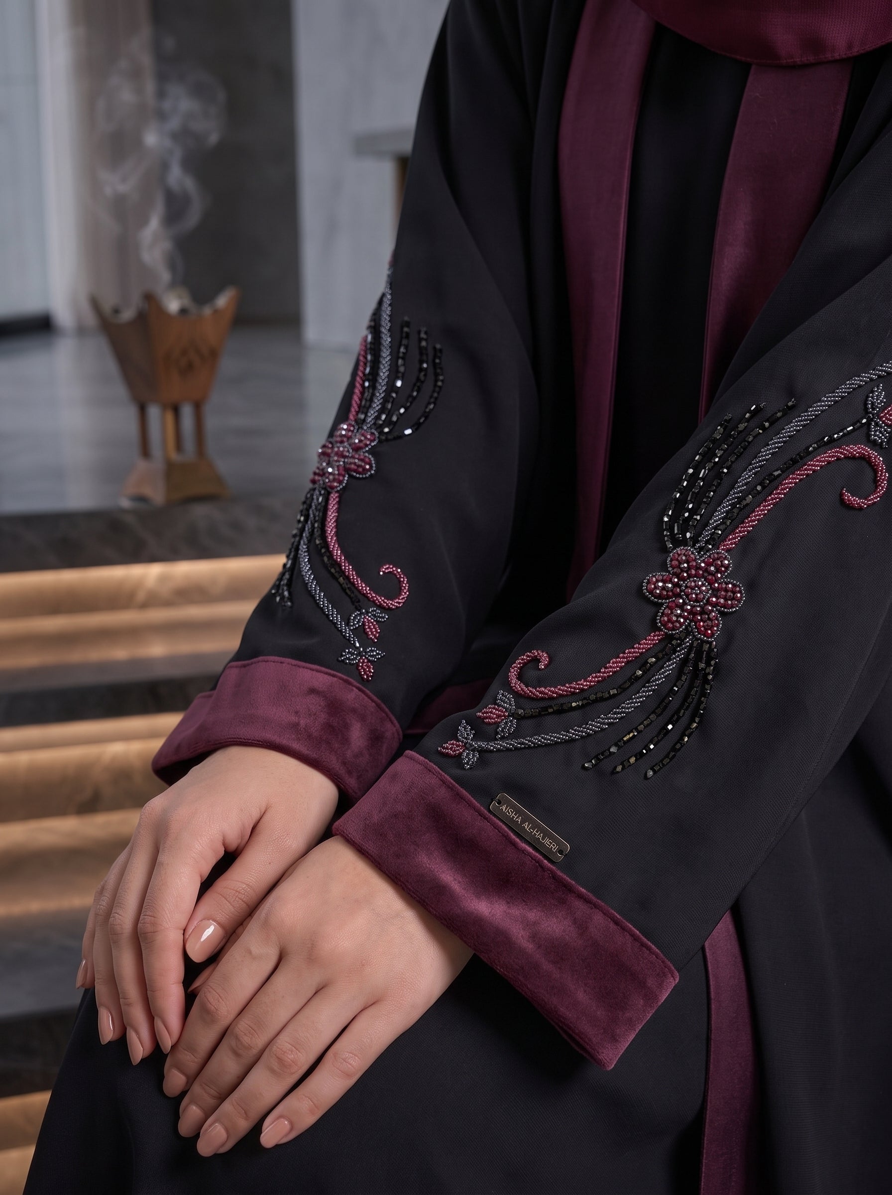 Black Velvet-Trim Beaded Abaya